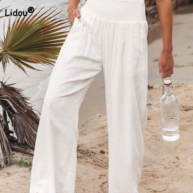 Summer for Pants Office Lady Cotton Linen Pockets Solid Loose Casual