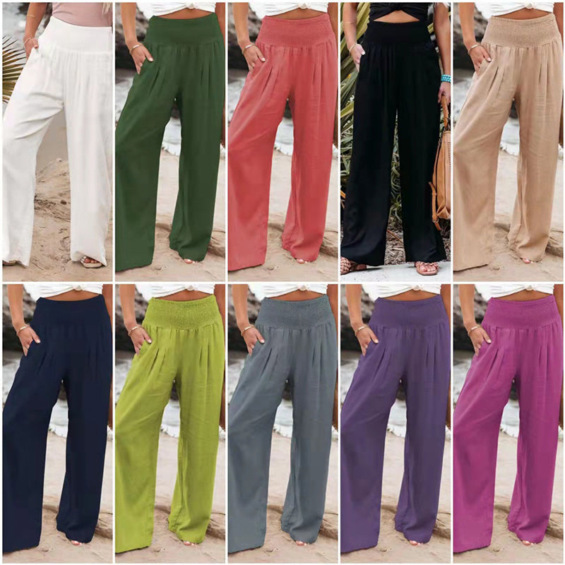 Summer for Pants Office Lady Cotton Linen Pockets Solid Loose Casual