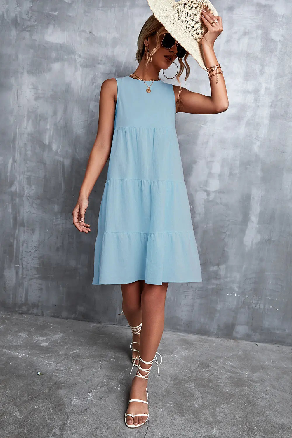 Sleeveless Round Neck Tiered Dress - Image #9