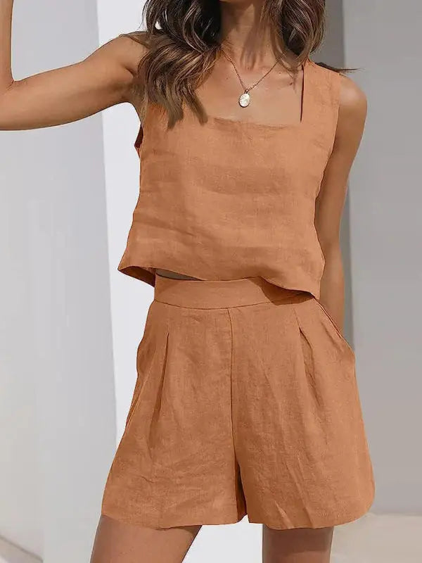 Women's Solid Color Casual Cotton Linen Sleeveless Square Neck Top + Shorts Two-Piece Set - Image #3