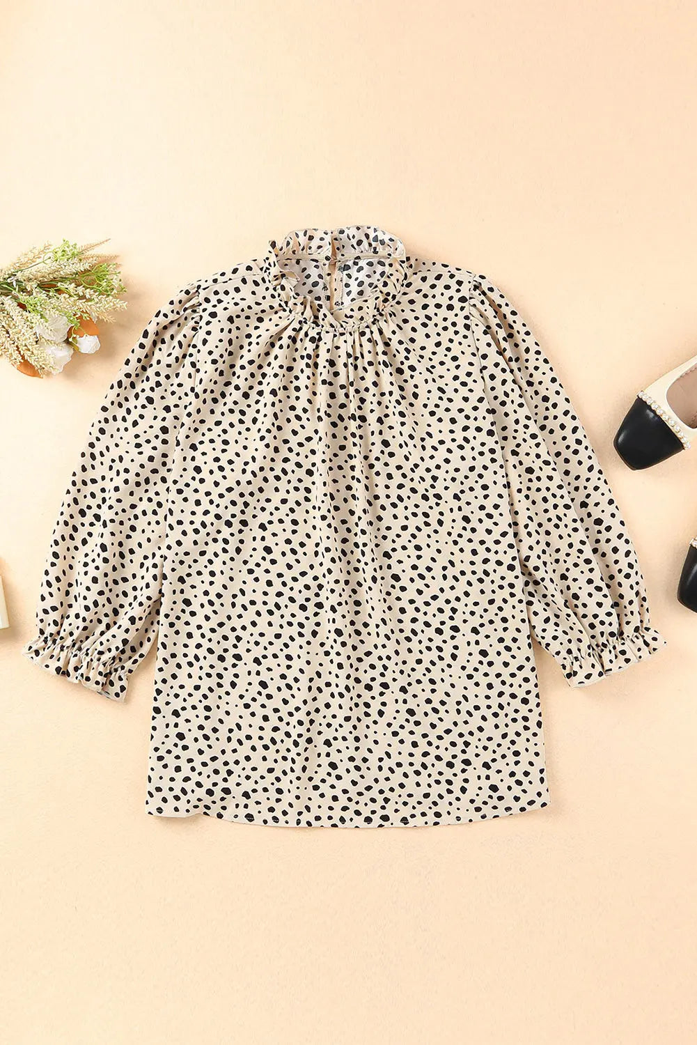 Khaki Leopard 3/4 Ruffle Sleeve Frill Neck Blouse - Image #13