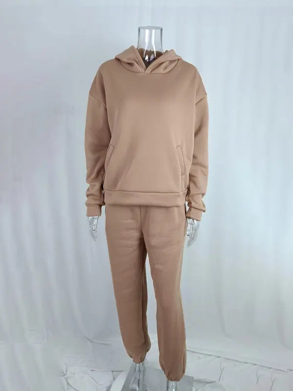 Women's solid color casual fashion trousers thickened long-sleeved hooded  set - Image #7