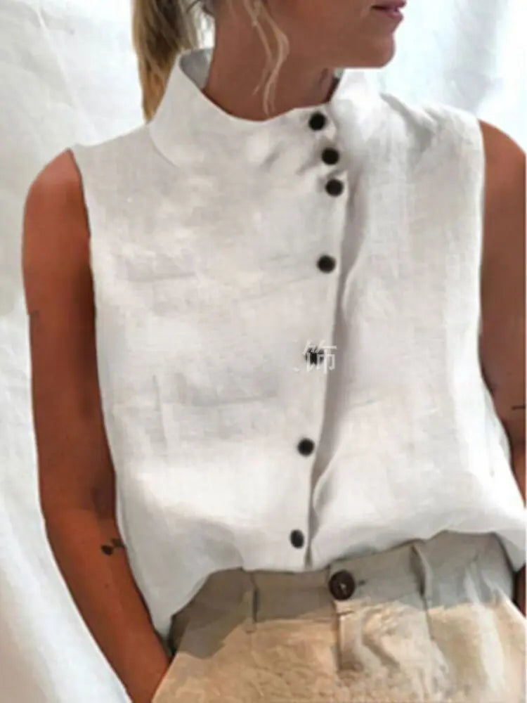 Retro Top Cotton Linen Women Blouse Summer Buttons Irregular Stand Collar Shirt Chic Tunic Fashion Oversize White Blouses Blusas| | - Image #2
