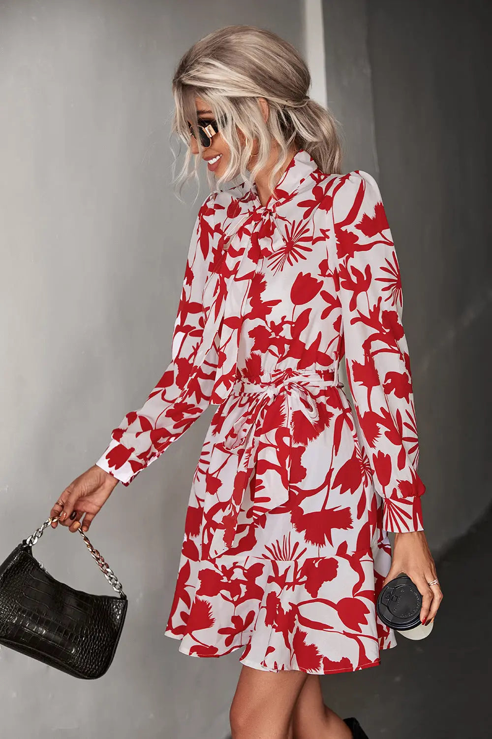 Floral Tie Neck Belted Puff Sleeve Dress - Image #9