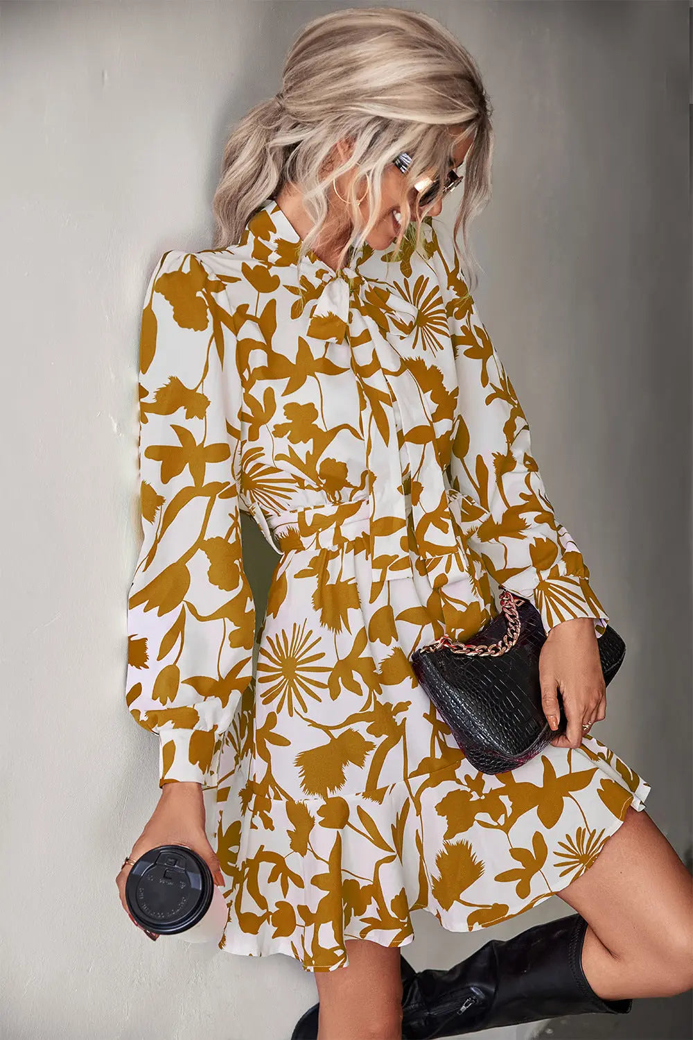 Floral Tie Neck Belted Puff Sleeve Dress - Image #5