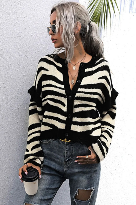 Striped Button-Down Round Neck Drop Shoulder Cardigan - Image #1