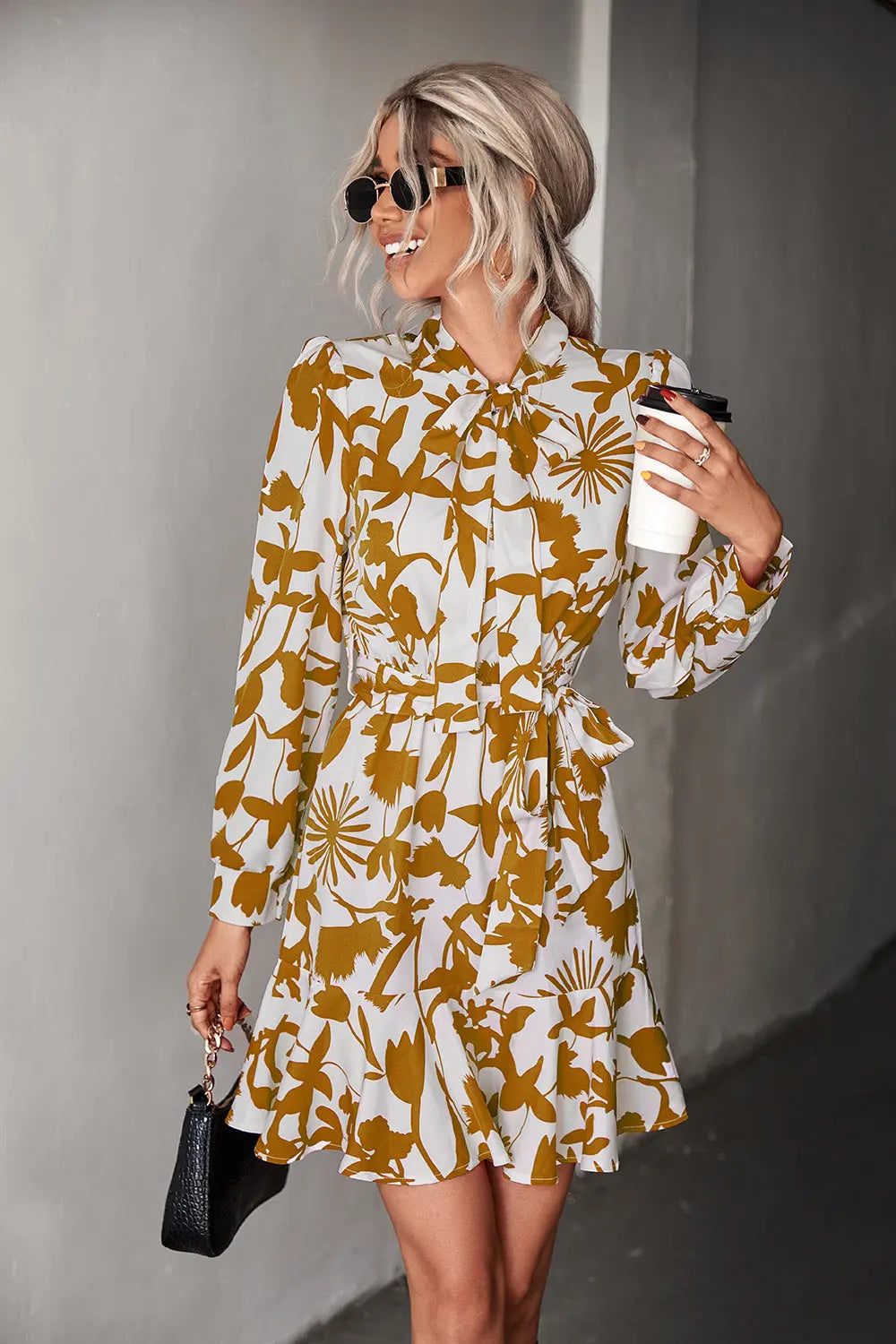 Floral Tie Neck Belted Puff Sleeve Dress - Image #3