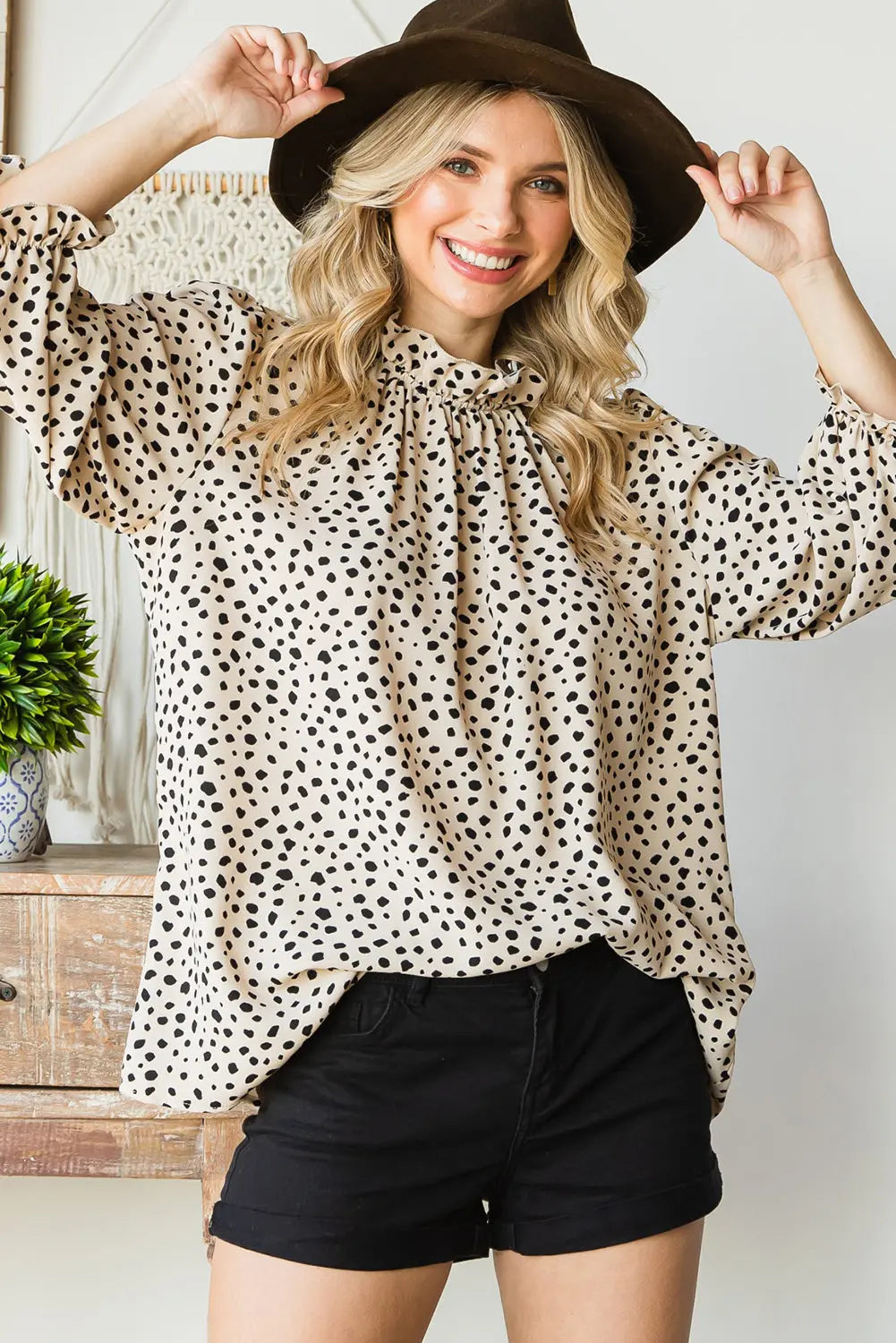 Khaki Leopard 3/4 Ruffle Sleeve Frill Neck Blouse - Image #5