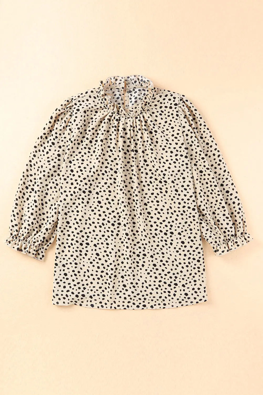 Khaki Leopard 3/4 Ruffle Sleeve Frill Neck Blouse - Image #12