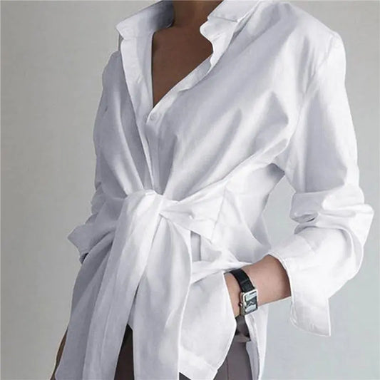 2022 Fashion Blouses Women&#39;s Long Sleeve Lapel Casual Loose Shirts Spring Solid Color Bandage Clothes Elegant Lady Tops - Women Shirt - Image #1