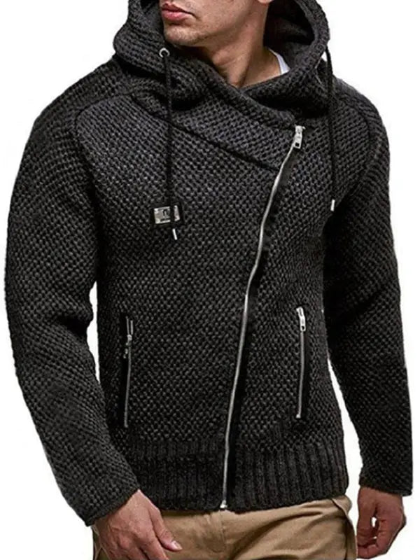 Men's Solid Color Zipper Hooded Cardigan - Image #2