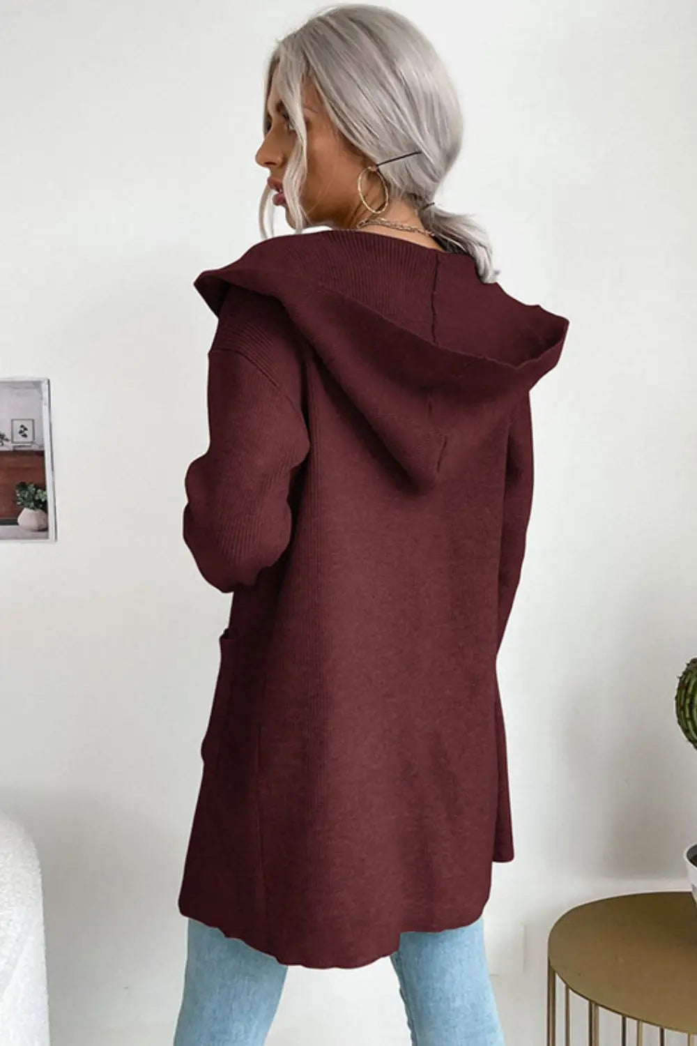 Ribbed Open Front Hooded Cardigan with Pockets - Image #6