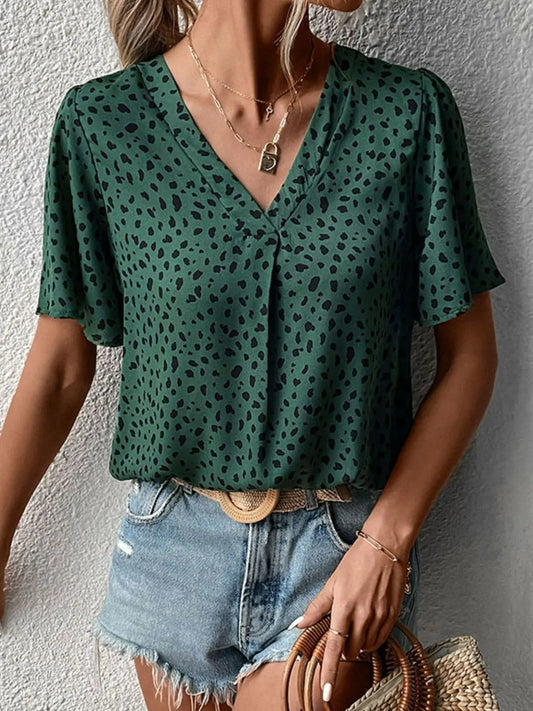 Animal Print V-Neck Flutter Sleeve Blouse - Image #1