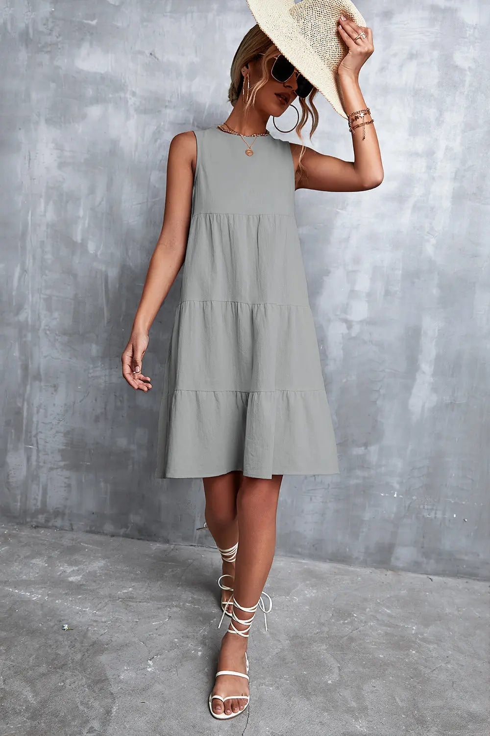 Sleeveless Round Neck Tiered Dress - Image #15