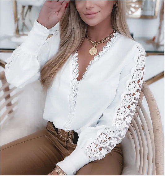 Long Sleeve V-Neck Lace Panel Shirt for Women - Image #1