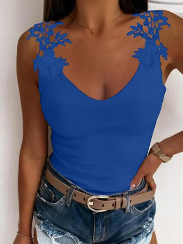 Summer U-neck solid color lace t-shirt top vest - Image #2
