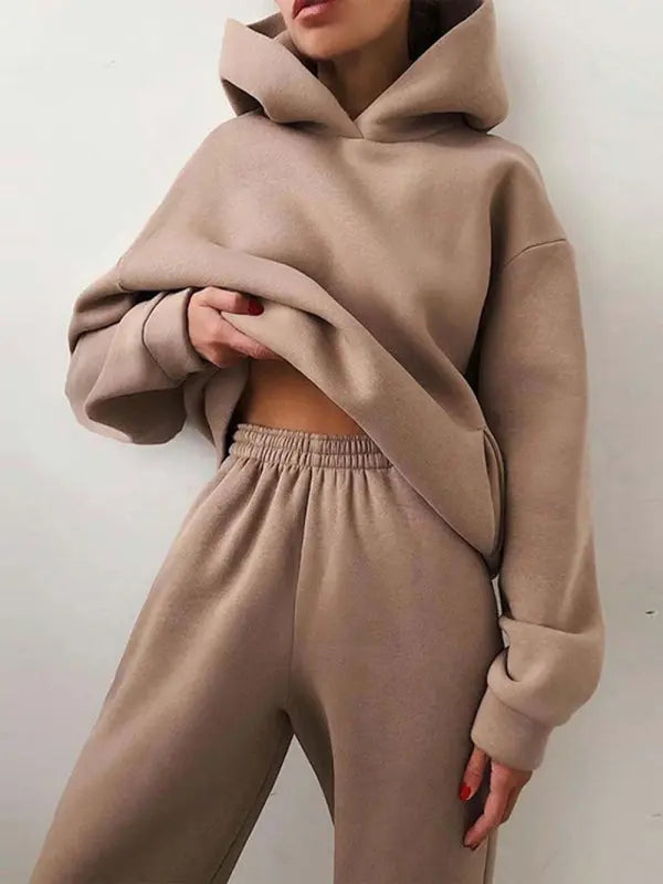 Women's solid color casual fashion trousers thickened long-sleeved hooded  set - Image #8