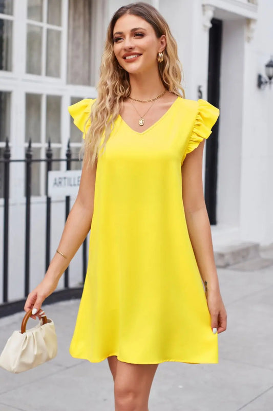 Ruffled V-Neck Flutter Sleeve Dress - Image #1