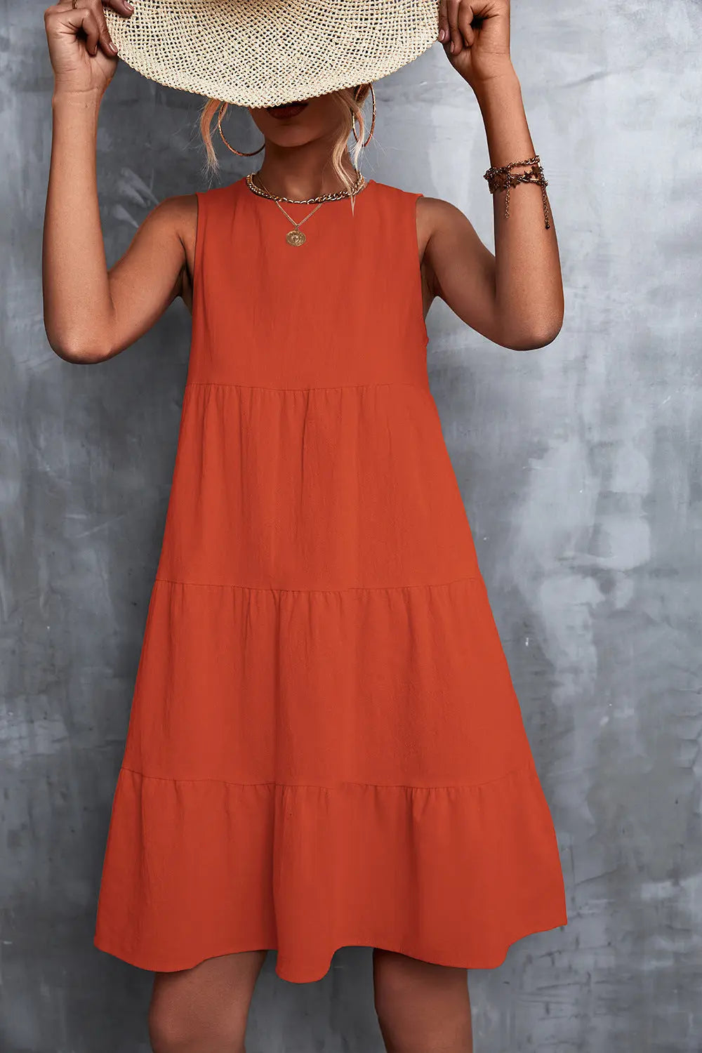 Sleeveless Round Neck Tiered Dress - Image #1