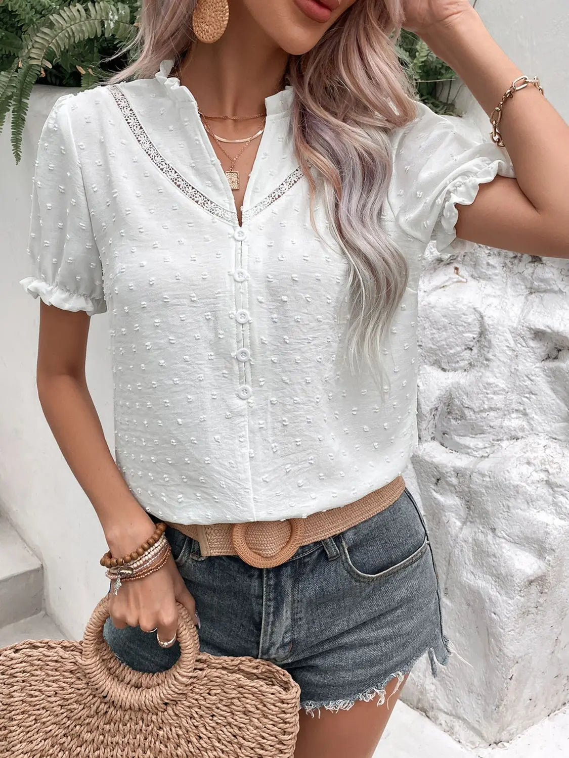Swiss Dot Buttoned Puff Sleeve Blouse - Image #6