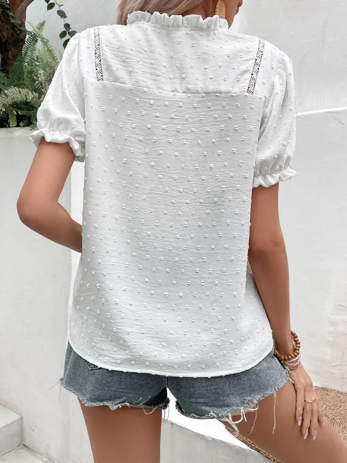 Swiss Dot Buttoned Puff Sleeve Blouse - Image #2