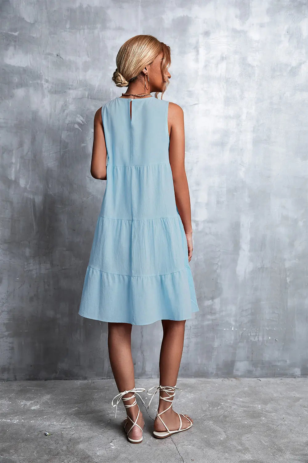 Sleeveless Round Neck Tiered Dress - Image #8