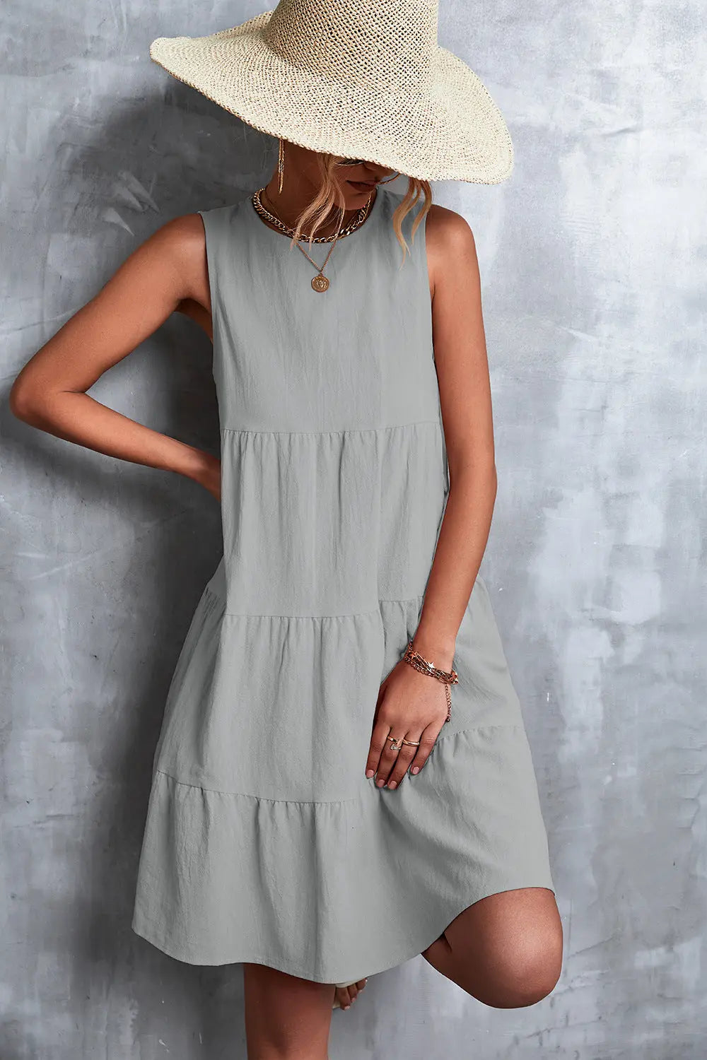 Sleeveless Round Neck Tiered Dress - Image #13