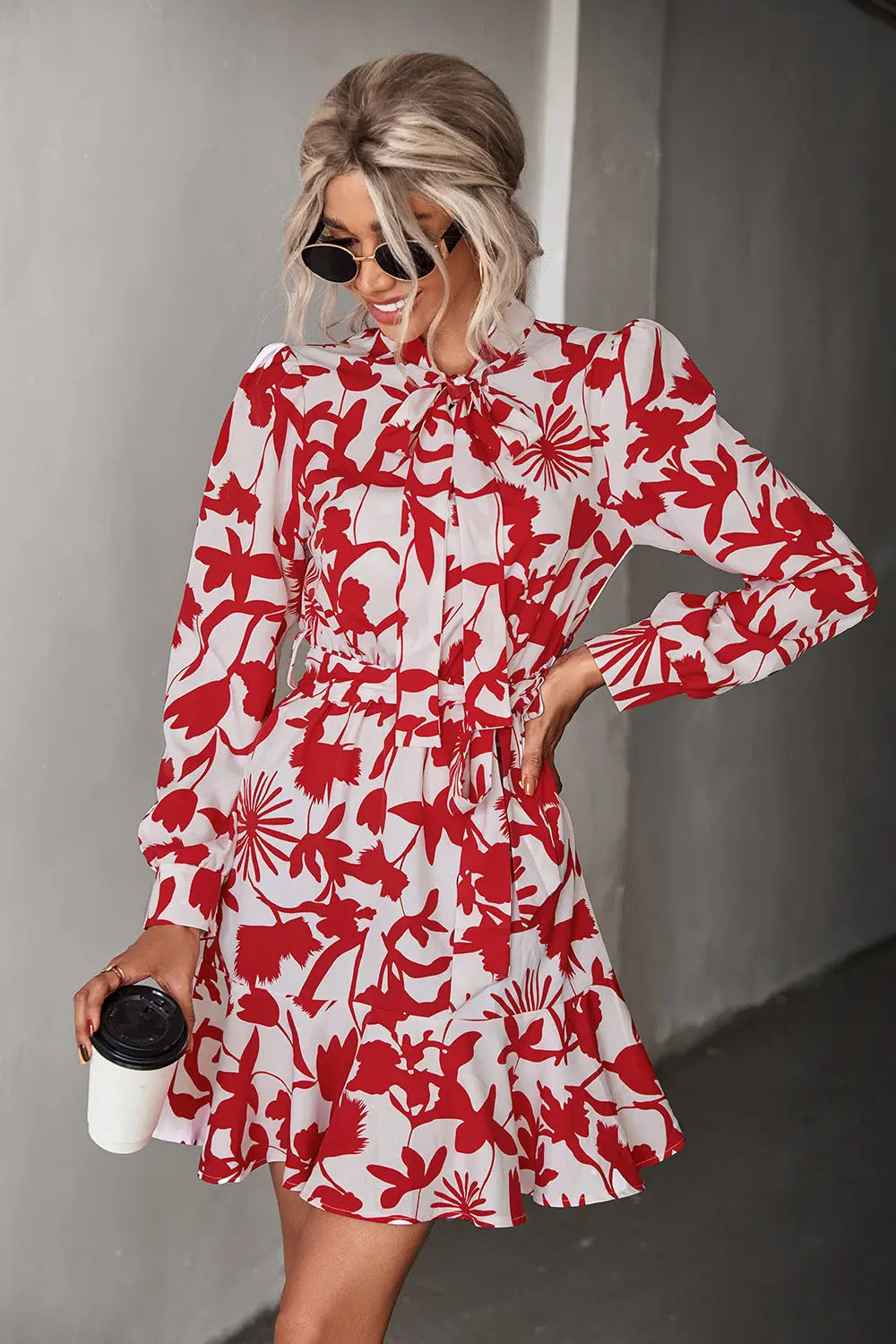 Floral Tie Neck Belted Puff Sleeve Dress - Image #7