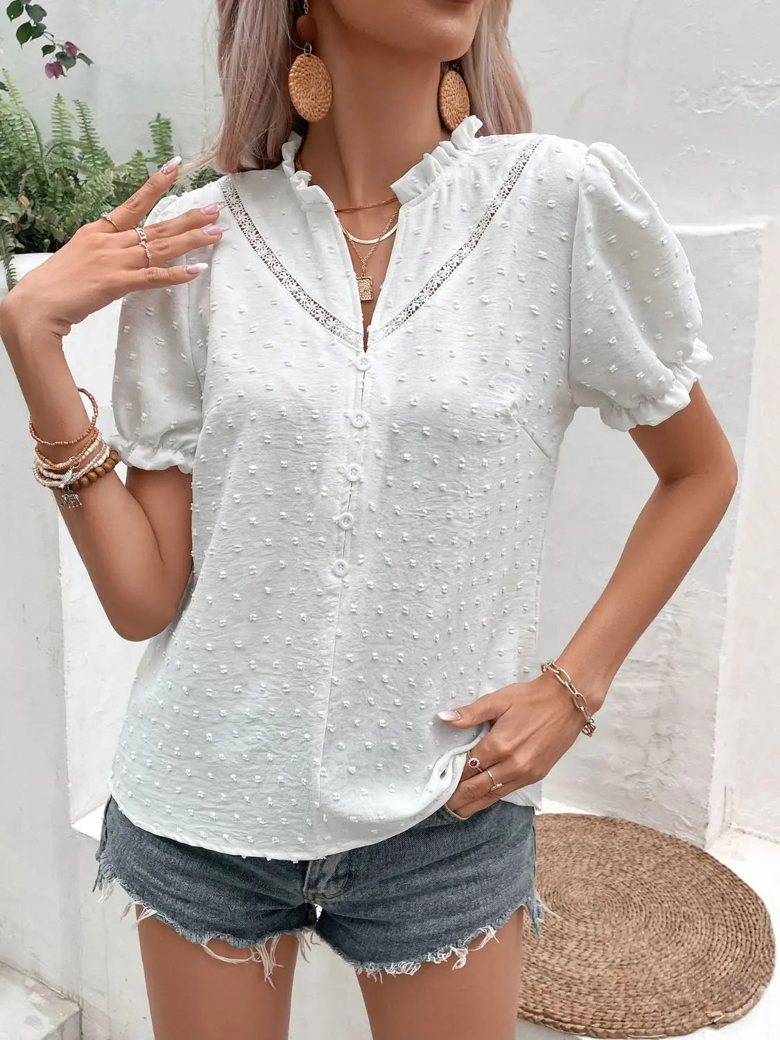 Swiss Dot Buttoned Puff Sleeve Blouse - Image #3