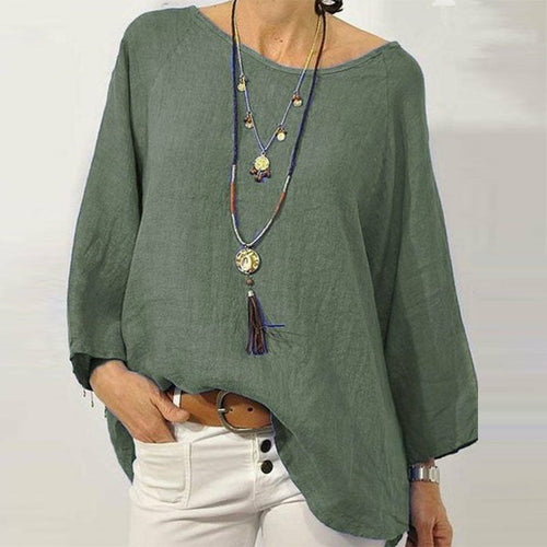 Vintage Cotton Linen Blouse Round Neck Pullover Tops