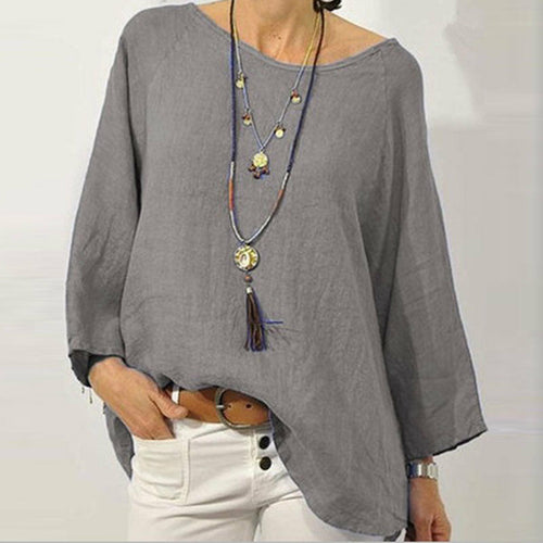 Vintage Cotton Linen Blouse Round Neck Pullover Tops