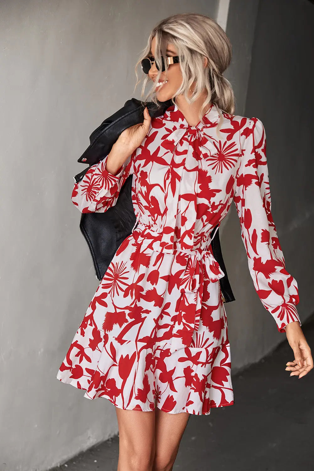 Floral Tie Neck Belted Puff Sleeve Dress - Image #11