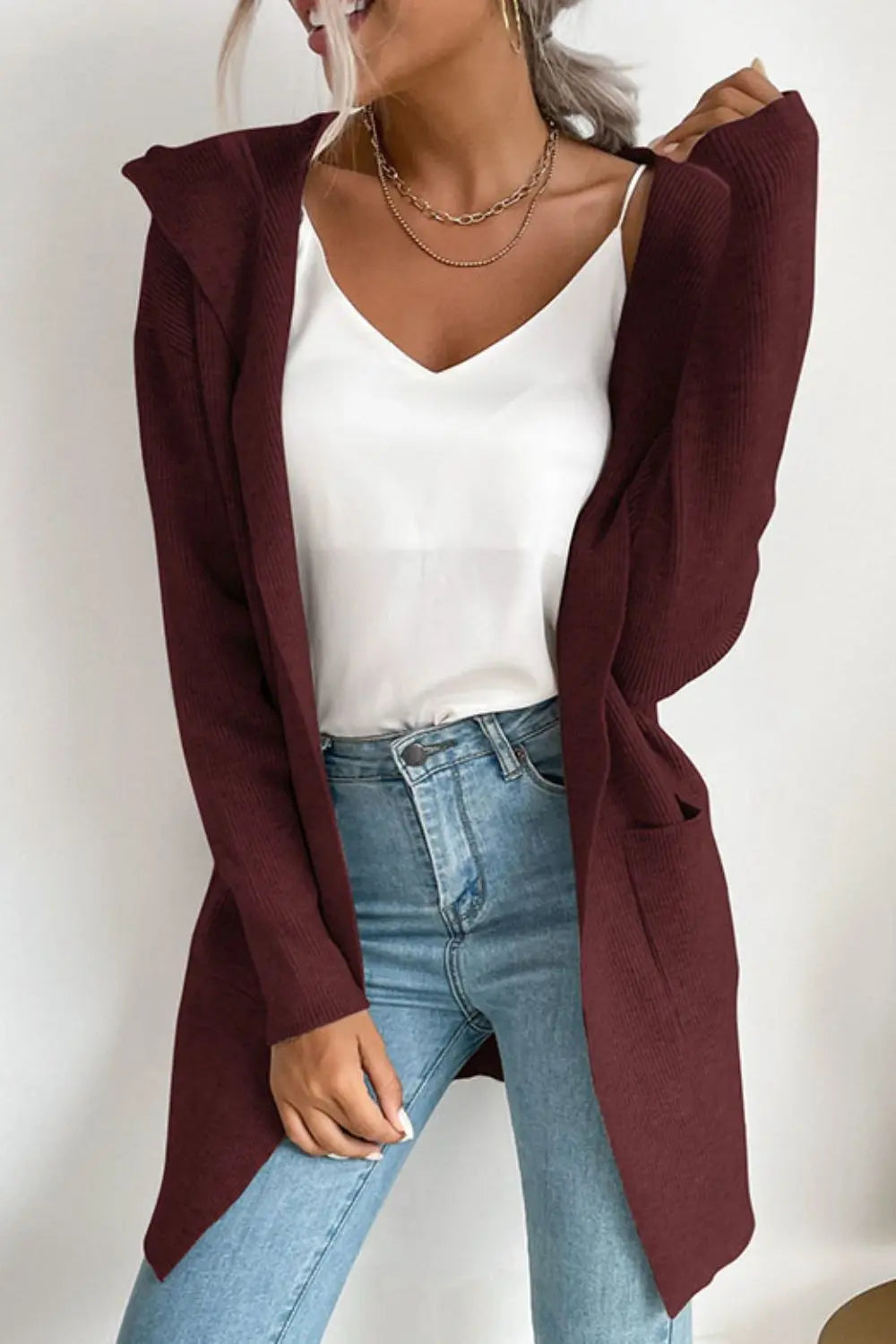 Ribbed Open Front Hooded Cardigan with Pockets - Image #5