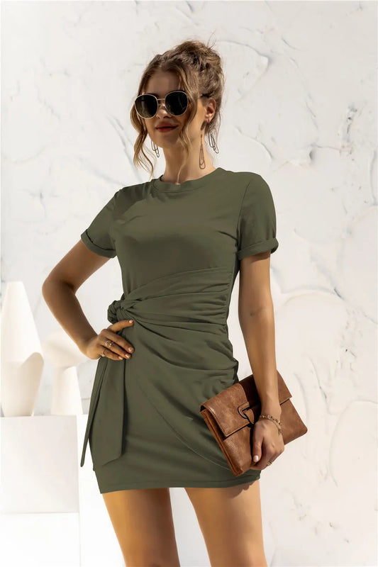 Round Neck Cuffed Sleeve Side Tie Dress - Image #1