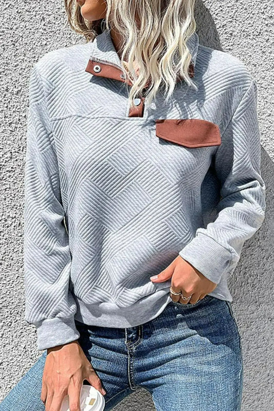 Contrast Ribbed Quarter-Snap Sweatshirt - Image #1