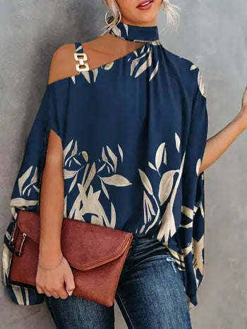 Leaf Print Chain Strap Cold Shoulder Women Blouse Tops - Image #1