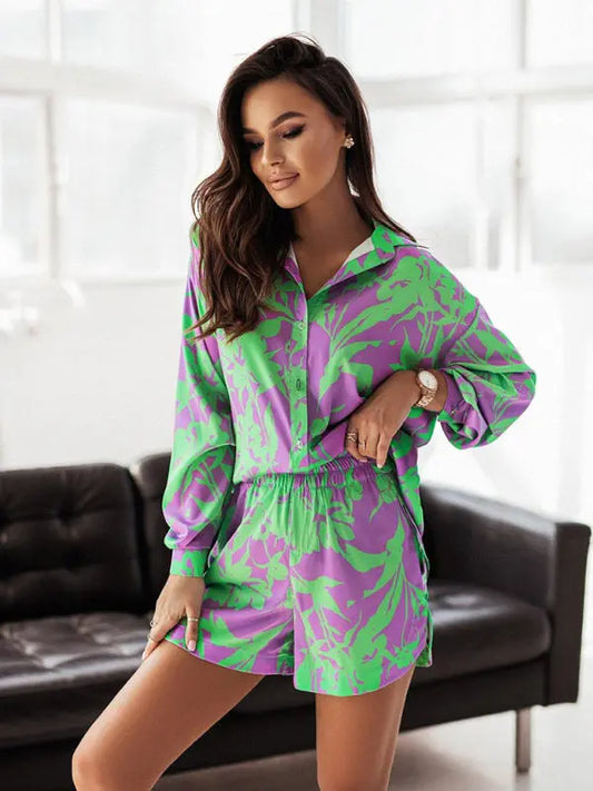 Women's Bright Printed Long Sleeve Notch Collar Top And Short Set - Image #1