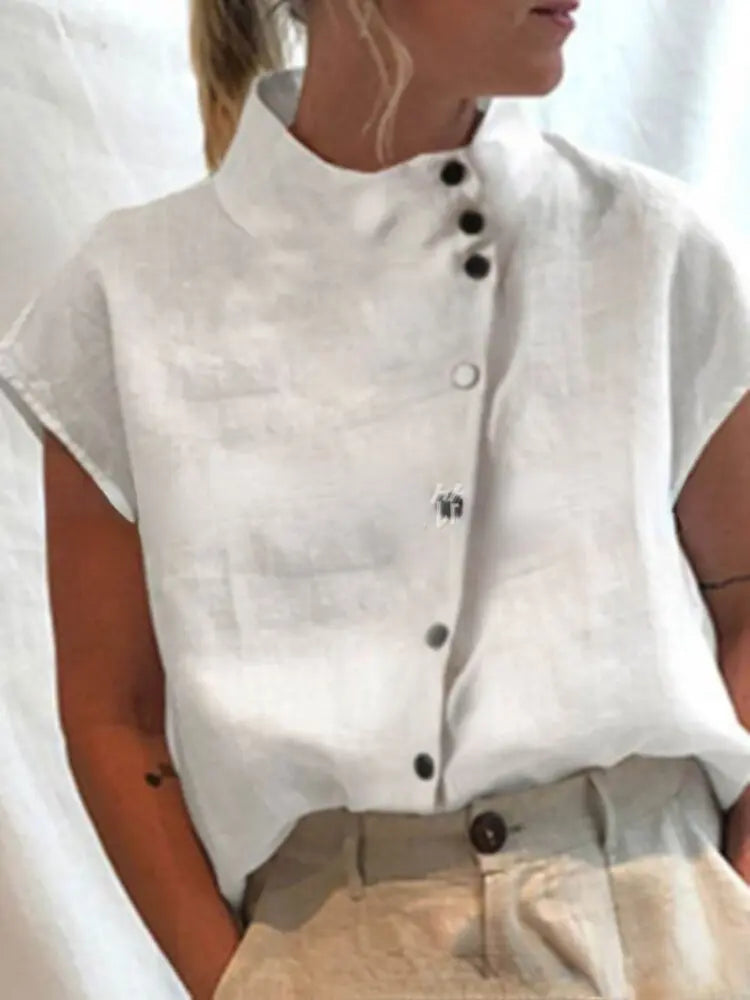 Retro Top Cotton Linen Women Blouse Summer Buttons Irregular Stand Collar Shirt Chic Tunic Fashion Oversize White Blouses Blusas| | - Image #3