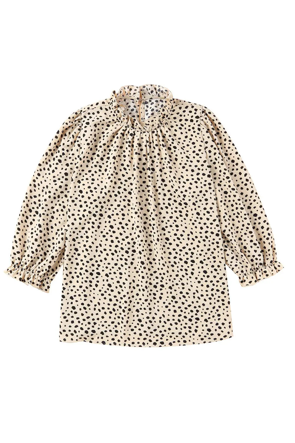 Khaki Leopard 3/4 Ruffle Sleeve Frill Neck Blouse - Image #19