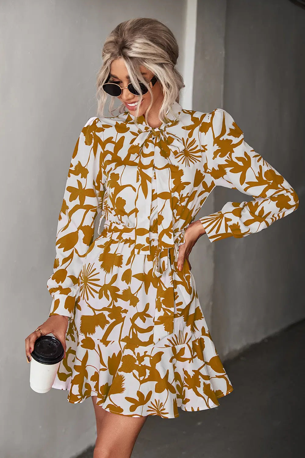 Floral Tie Neck Belted Puff Sleeve Dress - Image #1