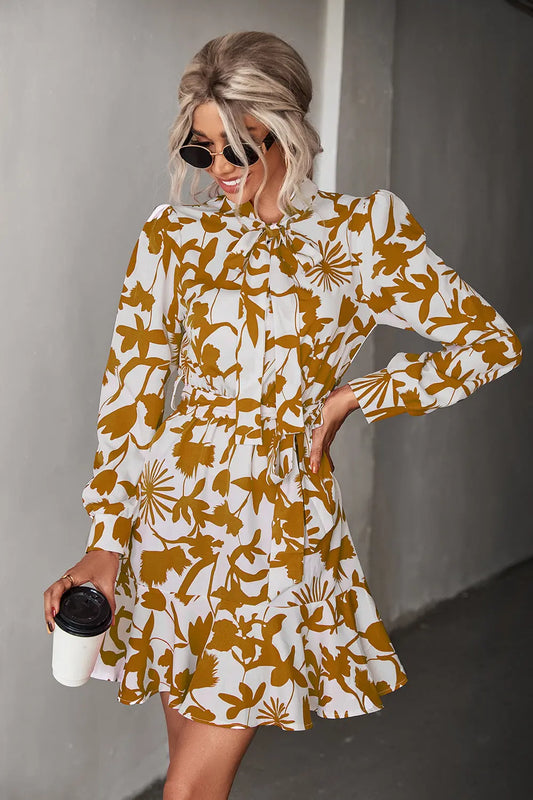 Floral Tie Neck Belted Puff Sleeve Dress - Image #1