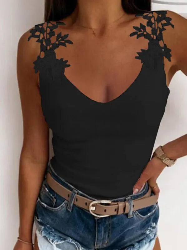Summer U-neck solid color lace t-shirt top vest - Image #6