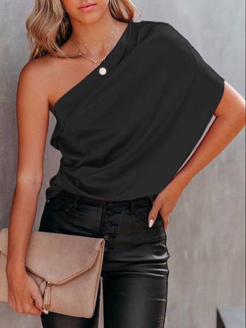 Satin One-Shoulder Blouse Skew Collar Loose Shirt