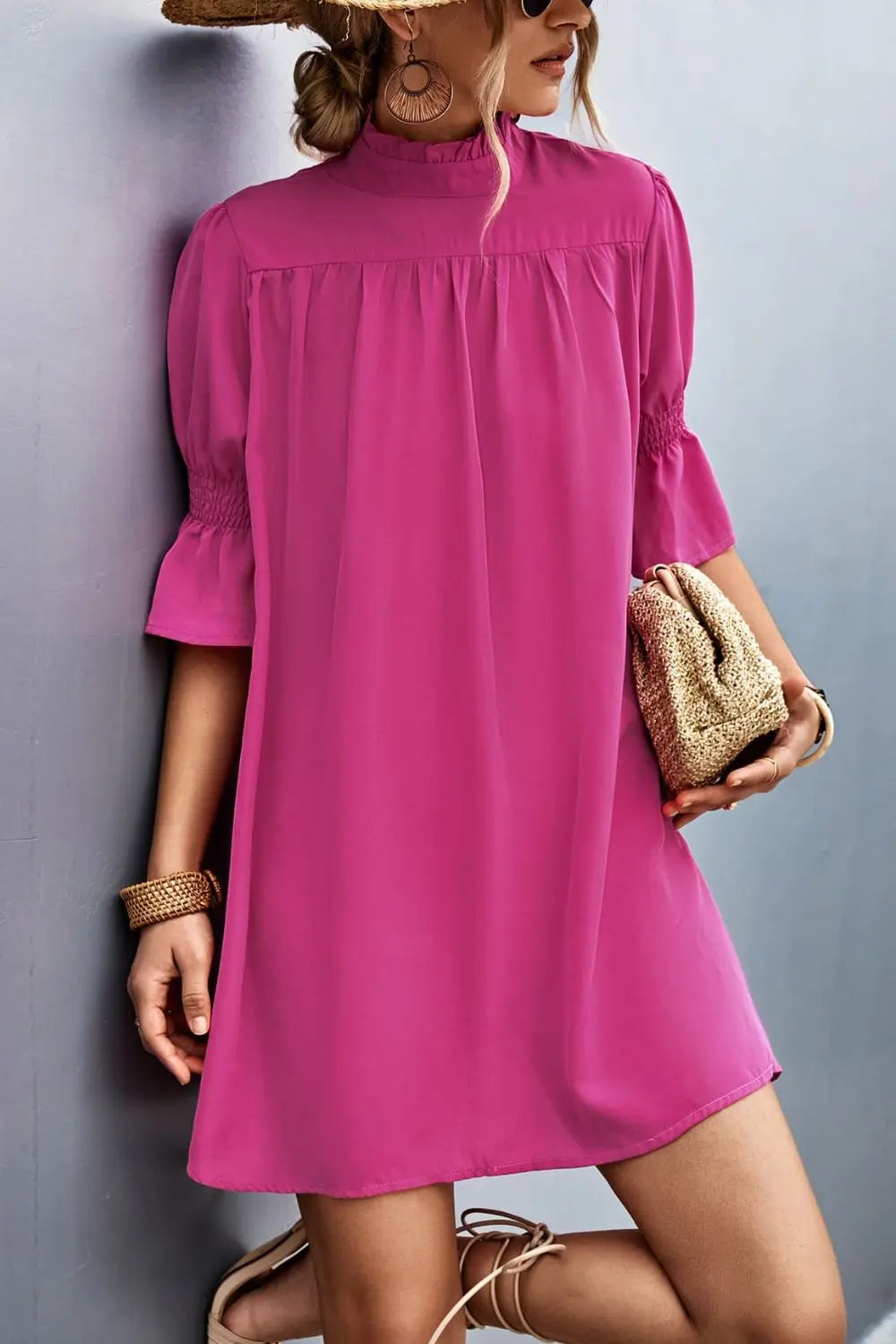 Frill Neck Flounce Sleeve Dress - Image #3