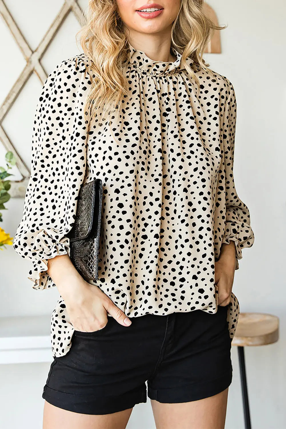 Khaki Leopard 3/4 Ruffle Sleeve Frill Neck Blouse - Image #1