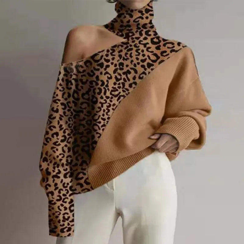 Women's Leopard Print One Shoulder Sweater - Image #1