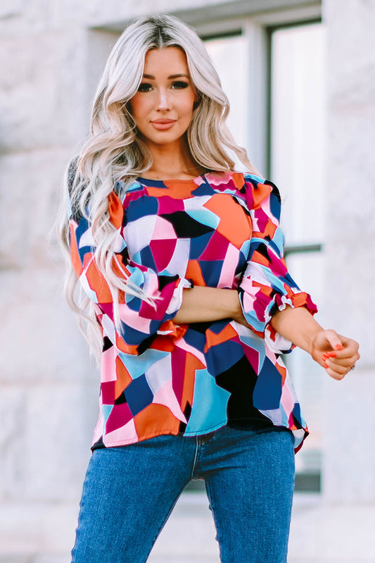 Geometric Flounce Sleeve Blouse