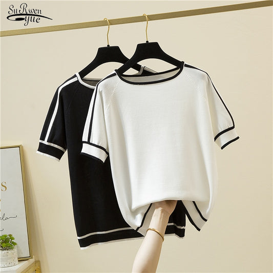 Camisetas Mujer Thin Knitted T Shirt Women Short Sleeve Summer Tops Woman Clothes Striped Fashion T Shirt Tee Shirt Femme 18841|Blouse|