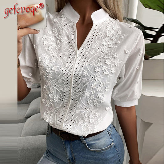 Chic Solid Hollow-out V Neck Lace Blouse Floral Patterns Embroidery Decoration Casual Women Shirt Puff Sleeved Half Cotton Tops - Women Blouse