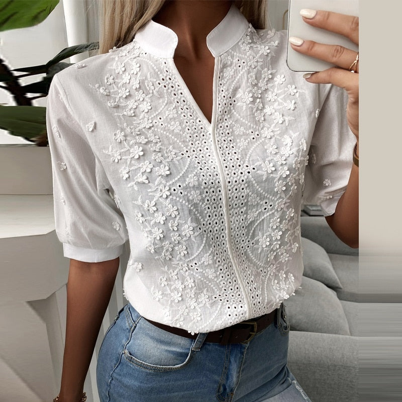 Chic Solid Hollow-out V Neck Lace Blouse Floral Patterns Embroidery Decoration Casual Women Shirt Puff Sleeved Half Cotton Tops - Women Blouse